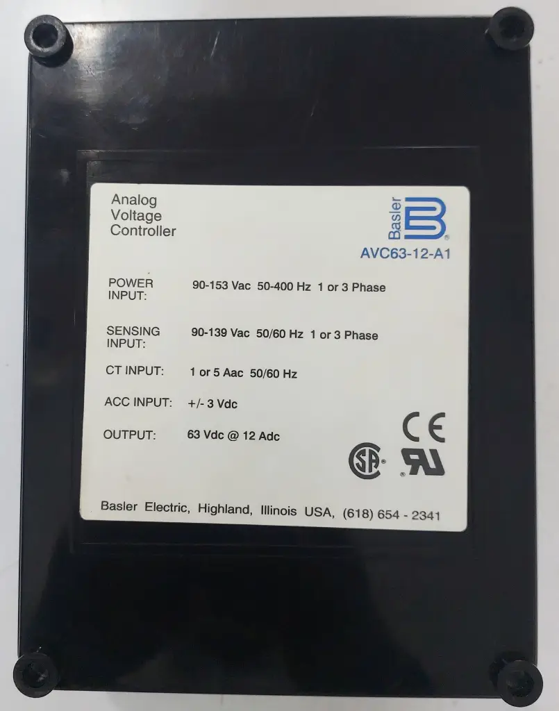 AVC63-12-A1. Analog Voltage Controller. Brand-Basler. Power input-90-153vac, 50-400Hz, 1 or 3 phase.  Sensing input-90-139vac,50/60Hz,1 or 3 phase. CT Input- 1 or 5A ac,50/60Hz. ACC Input-+/-3vdc. Output-63vdc @12Adc.